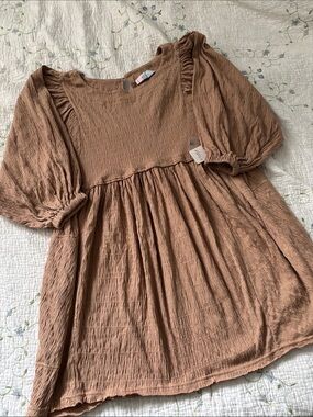 Free People Beach Dress Brown Get Obsessed Babydoll Mini Puff Sleeve A Line